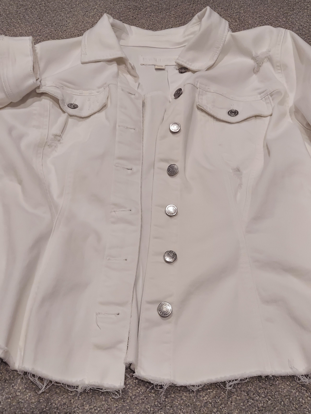 Maurices White Distressed Denim Jacket with Silver Buttons